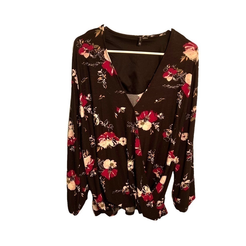 New Directions Women's Size XL Blouse Faux Wrap Surplice Neck Black Pink Floral